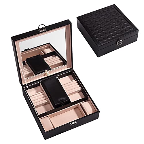 Schmuck-Organizer, Schmuckschatulle, 2-stöckig, Schmuck-Organizer-Box aus Pu-Leder, große Kapazität, Aufbewahrungskoffer for Anhänger mit Schloss und Spiegelbehältern for Damen, Schmuck-Organizer(Blac von dvegGEE