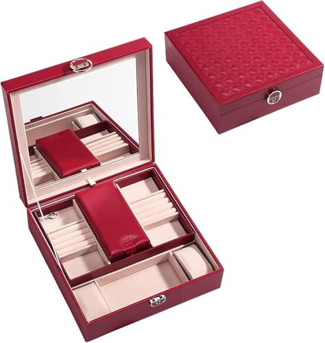 Schmuck-Organizer, Schmuckschatulle, 2-stöckig, Schmuck-Organizer-Box aus Pu-Leder, große Kapazität, Aufbewahrungskoffer for Anhänger mit Schloss und Spiegelbehältern for Damen, Schmuck-Organizer(Rojo von dvegGEE