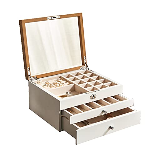 Schmuck-Organizer, Schmuckschatulle, 3-stufige Schmuck-Organizer-Box mit Schloss und Spiegel, Aufbewahrungsbox for Holzanhänger, große Kapazität for Halsketten, Bastelbehälter for Frauen, weißer Schmu von dvegGEE