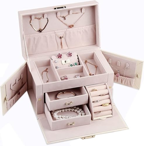 Schmuck-Organizer, Schmuckschatulle, Schmuck-Organizer-Box for Damen, Halsketten, Ringe, Ohrringe, Handtasche, tragbares Reiseetui aus PU-Leder, 3-lagiges Aufbewahrungsetui, Schmuck-Organizer mit groß von dvegGEE