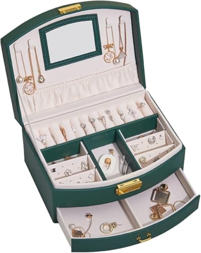 Schmuck-Organizer, Schmuckschatulle, doppelschichtiger Schmuck-Organizer, Schublade, tragbar, tragbare Schmuckschatulle, Ohrringe, Ringe, Schmuck-Organizer mit Haken, Spiegel, Schmuckschatulle, Schmuc von dvegGEE