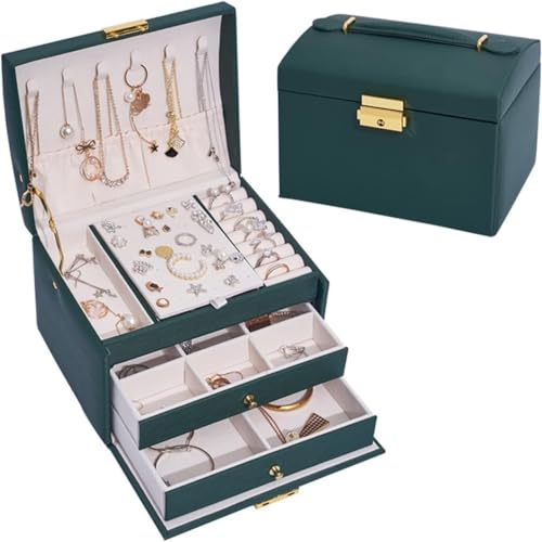 Schmuck-Organizer, Schmuckschatulle, dreilagige Lederschublade, Schmuckschatulle for Ohrringe und Ringe, Schmuck-Organizer mit Schloss, Metallfalte mit Haken, Schmuckschatulle for Halsketten von dvegGEE