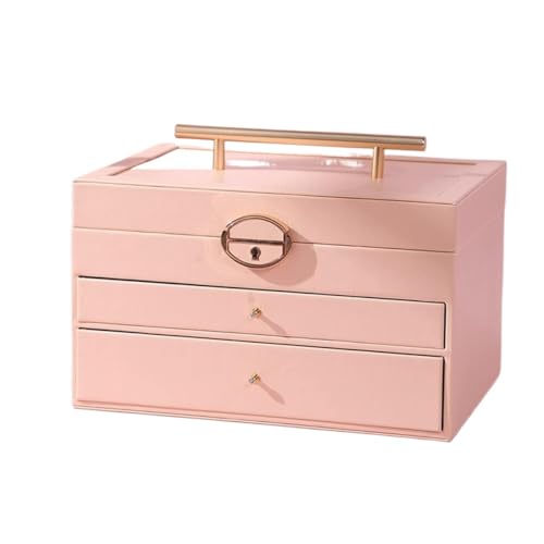 Schmuck-Organizer, Schmuckschatulle, große Schmuck-Organizer-Box, luxuriöse Schmuckaufbewahrung aus PU-Leder, Geschenketui mit Spiegel for Uhren, Ohrringe, Halsketten, Ringe, Schmuck-Organizer(Pink) von dvegGEE