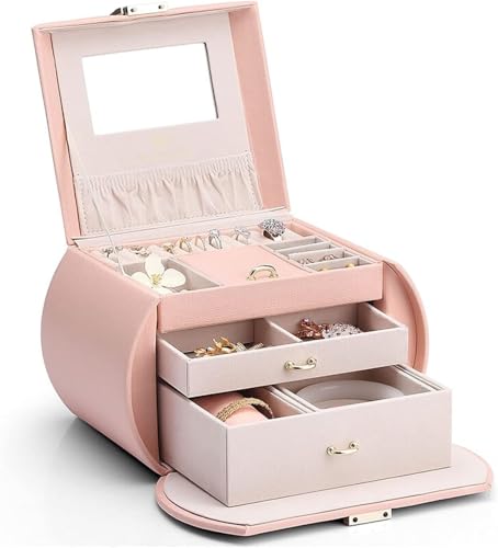 Schmuck-Organizer, Schmuckschatulle, rosa, Schmuck-Organizer-Box, Schmuck-Organizer aus PU-Leder, 3-lagige Aufbewahrungsvitrine mit Schubladen for Ohrringe, Halsketten, Ringe, Armbänder, Schmuck-Organ von dvegGEE