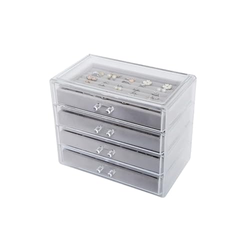 Schmuck-Organizer, Schmuckschatulle, transparente Schmuckschatulle mit 4 Schubladen, stapelbarer Schmuck-Organizer aus Samt zur Aufbewahrung von Ohrringen, Armreifen, Armbändern, Halsketten und Ringen von dvegGEE