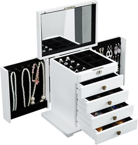 dvegGEE Schmuck-Organizer, Schmuckschatulle, 5-stufiger Schmuckschatulle-Organizer mit Schloss und Spiegel, Aufbewahrungshalter for Reiseschmuck aus Holz, Bastelbehälter, for Frauen, Schmuck-O von dvegGEE