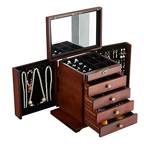 dvegGEE Schmuck-Organizer, Schmuckschatulle, 5-stufiger Schmuckschatulle-Organizer mit Schloss und Spiegel, Aufbewahrungshalter for Reiseschmuck aus Holz, Bastelbehälter, for Frauen, Schmuck-O von dvegGEE