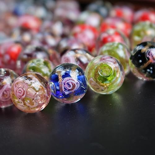 Handicraft beads, 10 Stück handgefertigte Lampwork-Glasperlen mit Blumenmuster, runde lose Abstandsperlen, Schmuckherstellung, DIY-Bastelarbeiten, Armbänder, Schlüsselanhänger(Colour mixture,10mm) von dvnFWKc