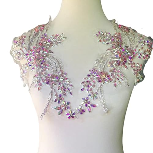 dvnFWKc Clothes Appliques Sewing DIY, 1 Paar mehrfarbige handgenähte Glasspiegelblumen mit funkelnden Strass-Applikationen, Taillenbänder, Schultern, Hochzeitskleid-Flicken(AB Multicolor) von dvnFWKc