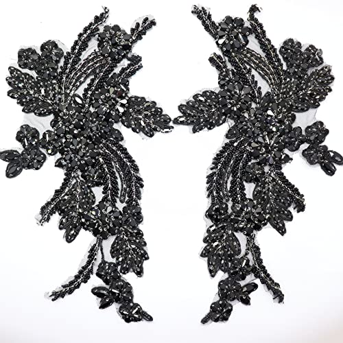 dvnFWKc Clothes Appliques Sewing DIY, 1 Paar mehrfarbige handgenähte Glasspiegelblumen mit funkelnden Strass-Applikationen, Taillenbänder, Schultern, Hochzeitskleid-Flicken(Black) von dvnFWKc