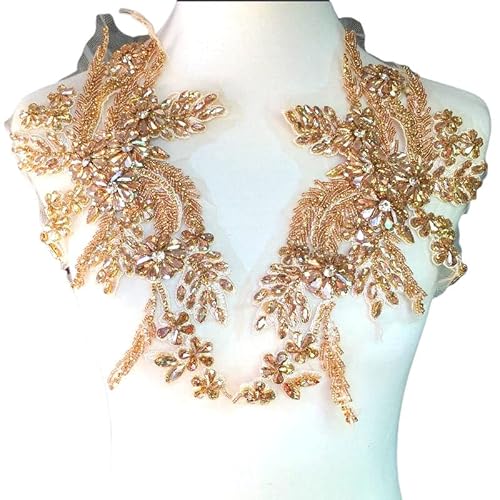 dvnFWKc Clothes Appliques Sewing DIY, 1 Paar mehrfarbige handgenähte Glasspiegelblumen mit funkelnden Strass-Applikationen, Taillenbänder, Schultern, Hochzeitskleid-Flicken(Champagne) von dvnFWKc