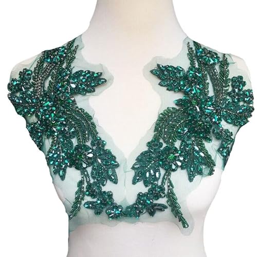 dvnFWKc Clothes Appliques Sewing DIY, 1 Paar mehrfarbige handgenähte Glasspiegelblumen mit funkelnden Strass-Applikationen, Taillenbänder, Schultern, Hochzeitskleid-Flicken(Dark Green) von dvnFWKc