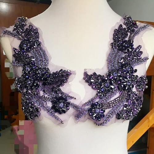 dvnFWKc Clothes Appliques Sewing DIY, 1 Paar mehrfarbige handgenähte Glasspiegelblumen mit funkelnden Strass-Applikationen, Taillenbänder, Schultern, Hochzeitskleid-Flicken(Dark Purple) von dvnFWKc