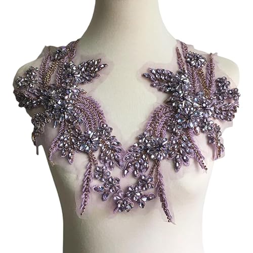 dvnFWKc Clothes Appliques Sewing DIY, 1 Paar mehrfarbige handgenähte Glasspiegelblumen mit funkelnden Strass-Applikationen, Taillenbänder, Schultern, Hochzeitskleid-Flicken(Dusty Purple) von dvnFWKc