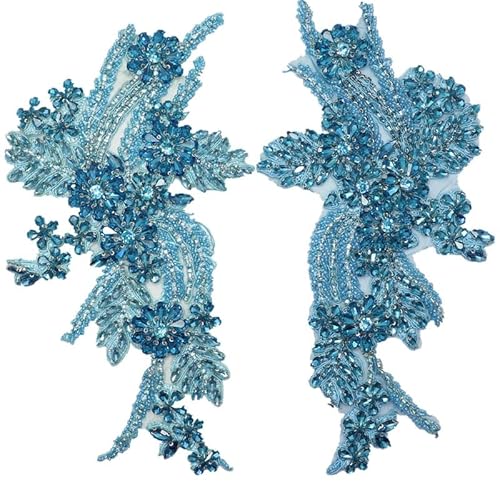 dvnFWKc Clothes Appliques Sewing DIY, 1 Paar mehrfarbige handgenähte Glasspiegelblumen mit funkelnden Strass-Applikationen, Taillenbänder, Schultern, Hochzeitskleid-Flicken(Lake Blue) von dvnFWKc