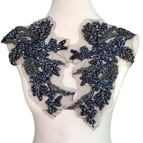 dvnFWKc Clothes Appliques Sewing DIY, 1 Paar mehrfarbige handgenähte Glasspiegelblumen mit funkelnden Strass-Applikationen, Taillenbänder, Schultern, Hochzeitskleid-Flicken(Navy Blue) von dvnFWKc