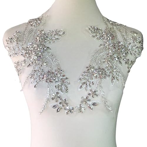 dvnFWKc Clothes Appliques Sewing DIY, 1 Paar mehrfarbige handgenähte Glasspiegelblumen mit funkelnden Strass-Applikationen, Taillenbänder, Schultern, Hochzeitskleid-Flicken(Off White) von dvnFWKc