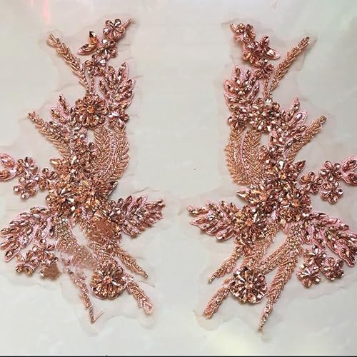 dvnFWKc Clothes Appliques Sewing DIY, 1 Paar mehrfarbige handgenähte Glasspiegelblumen mit funkelnden Strass-Applikationen, Taillenbänder, Schultern, Hochzeitskleid-Flicken(Peach) von dvnFWKc