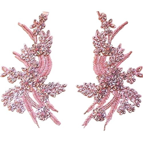 dvnFWKc Clothes Appliques Sewing DIY, 1 Paar mehrfarbige handgenähte Glasspiegelblumen mit funkelnden Strass-Applikationen, Taillenbänder, Schultern, Hochzeitskleid-Flicken(Pink) von dvnFWKc