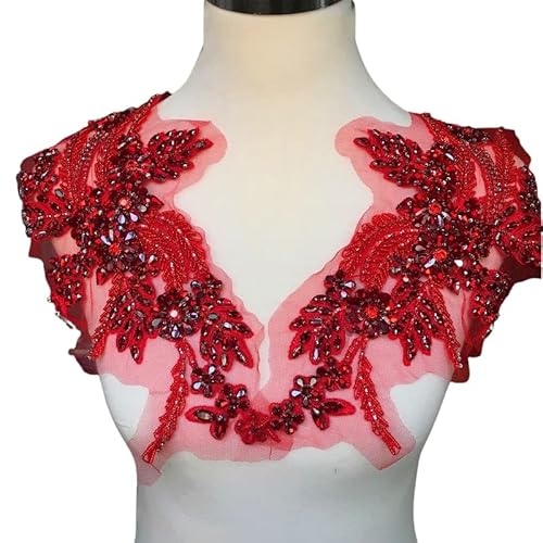 dvnFWKc Clothes Appliques Sewing DIY, 1 Paar mehrfarbige handgenähte Glasspiegelblumen mit funkelnden Strass-Applikationen, Taillenbänder, Schultern, Hochzeitskleid-Flicken(Red) von dvnFWKc