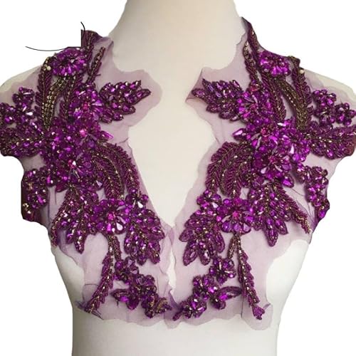 dvnFWKc Clothes Appliques Sewing DIY, 1 Paar mehrfarbige handgenähte Glasspiegelblumen mit funkelnden Strass-Applikationen, Taillenbänder, Schultern, Hochzeitskleid-Flicken(Rose Purple) von dvnFWKc