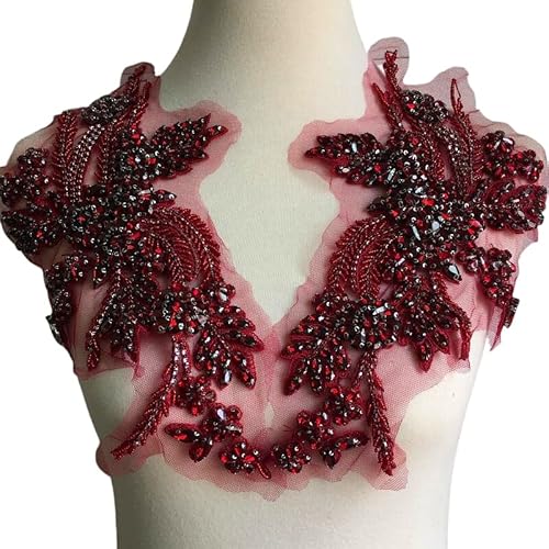 dvnFWKc Clothes Appliques Sewing DIY, 1 Paar mehrfarbige handgenähte Glasspiegelblumen mit funkelnden Strass-Applikationen, Taillenbänder, Schultern, Hochzeitskleid-Flicken(Wine red) von dvnFWKc