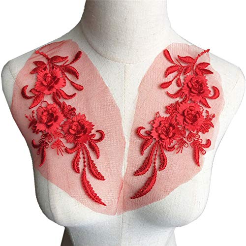 dvnFWKc Clothes Appliques Sewing DIY, 2 Stück, bestickte Aufnäher for Aufnähen, Blumen, Quaste, Spitzenbesatz, Netz, Hochzeitsapplikationen for Brautabendkleid, DIY-Dekor(Red) von dvnFWKc