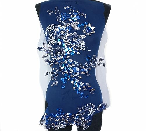 dvnFWKc Clothes Appliques Sewing DIY, 3D-Blumen, Perlen, Pailletten, Strass-Applikationen, Stickerei, Spitzenbesatz, Stoff, schwarz-blaues Netz, for Aufnähen for Hochzeitskleid(Blue) von dvnFWKc