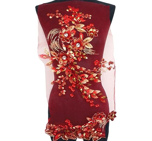 dvnFWKc Clothes Appliques Sewing DIY, 3D-Blumen, Perlen, Pailletten, Strass-Applikationen, Stickerei, Spitzenbesatz, Stoff, schwarz-blaues Netz, for Aufnähen for Hochzeitskleid(Red) von dvnFWKc