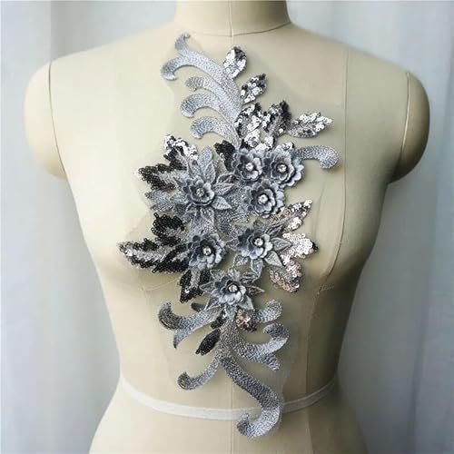 dvnFWKc Clothes Appliques Sewing DIY, Spitzenstoff, Pailletten, 3D-Blumen, Strass-Aufnäher, Hochzeitskleid-Applikationen, Stickerei, Aufnäher for Kleid, DIY-Dekoration(Gray) von dvnFWKc