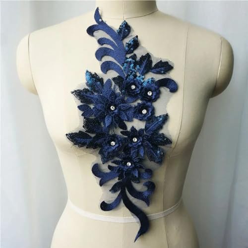 dvnFWKc Clothes Appliques Sewing DIY, Spitzenstoff, Pailletten, 3D-Blumen, Strass-Aufnäher, Hochzeitskleid-Applikationen, Stickerei, Aufnäher for Kleid, DIY-Dekoration(Navy Blue) von dvnFWKc