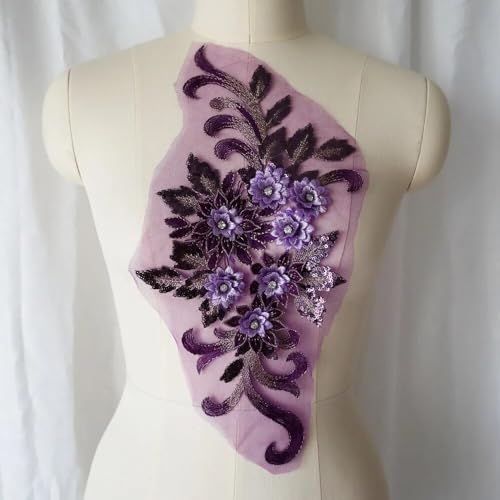 dvnFWKc Clothes Appliques Sewing DIY, Spitzenstoff, Pailletten, 3D-Blumen, Strass-Aufnäher, Hochzeitskleid-Applikationen, Stickerei, Aufnäher for Kleid, DIY-Dekoration(Purple) von dvnFWKc