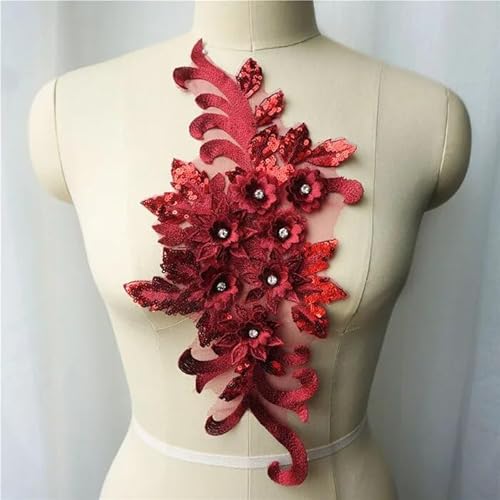 dvnFWKc Clothes Appliques Sewing DIY, Spitzenstoff, Pailletten, 3D-Blumen, Strass-Aufnäher, Hochzeitskleid-Applikationen, Stickerei, Aufnäher for Kleid, DIY-Dekoration(Wine red) von dvnFWKc