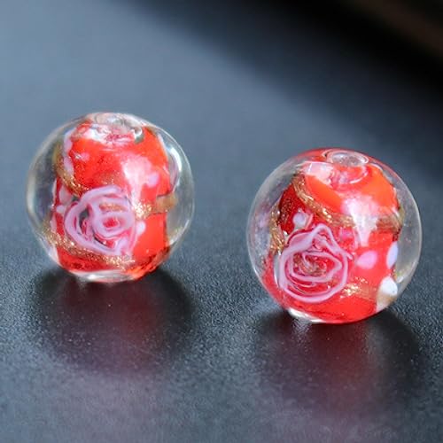 dvnFWKc Handicraft Beads, 10 Stück handgefertigte Lampwork-Glasperlen mit Blumenmuster, runde lose Abstandsperlen, Schmuckherstellung, DIY-Bastelarbeiten, Armbänder, Schlüsselanhänger(Red,12mm) von dvnFWKc