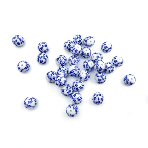 30 Stück blaue Blumen bedruckte Perlen 15 mm Silikon bedruckte Perlen Blume bedruckte Fokusperlen für Schmuckherstellung, Schlüsselanhänger, DIY-Armbänder, Schlüsselband, runde Blumenperlen von dxfiuyio