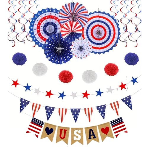 eBoutik - Amerikanische patriotische Party-Dekorationsset – rote, weiße und blaue Wimpelkette mit Papierfächern, Jute-Wimpelkette, USA-Unabhängigkeitstag-Dekoration, 4. Juli eBoutik - Amerikanische patriotische Party-Dekorationsset – rote, weiße und blaue Wimpelkette mit Papierfächern, Jute-Wimpelkette, USA-Unabhängigkeitstag-Dekoration, 4. Juli von eBoutik