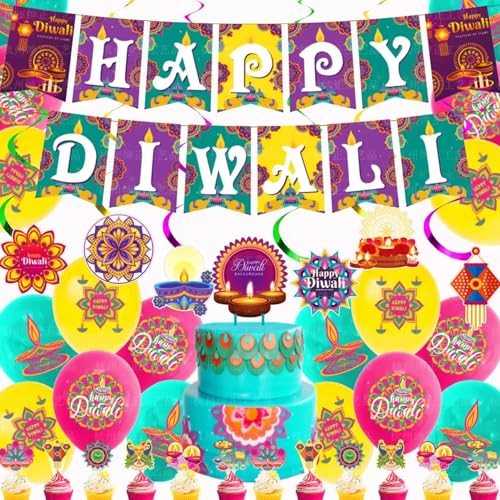 eBoutik - Große Diwali Dekoration Party Kit, Happy Diwali Banner, Bright Colorful Festival of Lights Wimpelkette, hängende Spiralen & Kuchen Dekor Supplies, Bunte Luftballons für Fotografie von eBoutik