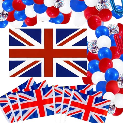 eBoutik VE Day Party-Dekorationsset zum 80. Hochzeitstag, große Union Jack-Flagge, 10 Handflaggen und rote, weiß-blaue Luftballons für britische Partys eBoutik VE Day Party-Dekorationsset zum 80. Hochzeitstag, große Union Jack-Flagge, 10 Handflaggen und rote, weiß-blaue Luftballons für britische Partys von eBoutik