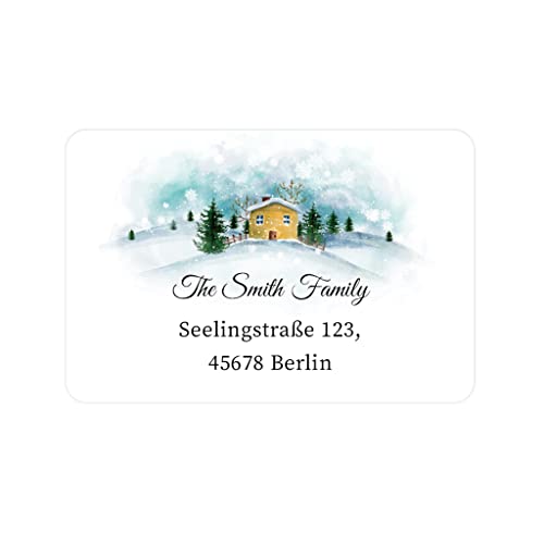 48 PERSONALISIERT Weihnachten Adressaufkleber/Hochzeit Rücksendung Adresse Etiketten Geschäftsadresse Produkte Umschläge Geschenk Sticker - Rec016 (001 Winterhaus im Wald) von eKunSTreet