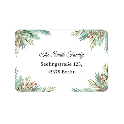 48 PERSONALISIERT Weihnachten Adressaufkleber/Hochzeit Rücksendung Adresse Etiketten Geschäftsadresse Produkte Umschläge Geschenk Sticker - Rec016 (004 Kiefern und Beeren) von eKunSTreet