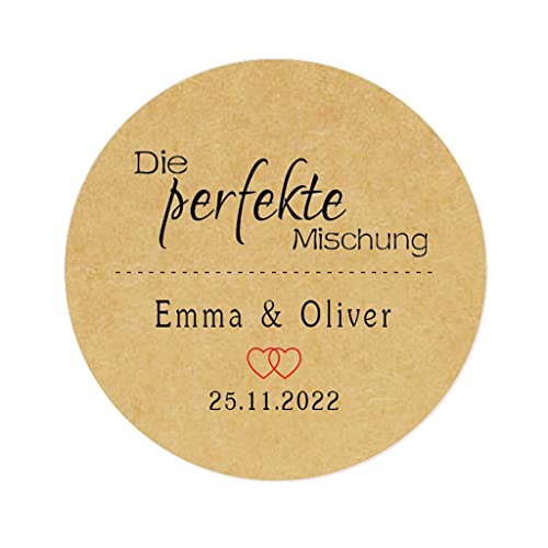 48x 'Die perfekte Mischung' Aufkleber PERSONALISIERT 40mm runde Papieraufkleber Hochzeitssticker Etiketten für Hochzeit,Engagement,Gastgeschenk,Tischdeko,Flaschen,Tüten,Briefen - Rd 197 (Kraft) von eKunSTreet