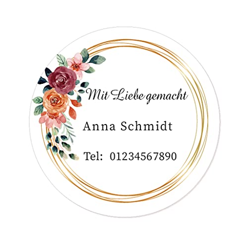 50 Aufkleber PERSONALISIERT Mit Liebe gemacht handgemacht Selbstgemacht Geschenk Etiketten Rosenblüte 40mm rund für Hochzeit,Taufe,Geschäft,Gastgeschenk,Tüten,Weihnachten - Rd 515 (004) von eKunSTreet