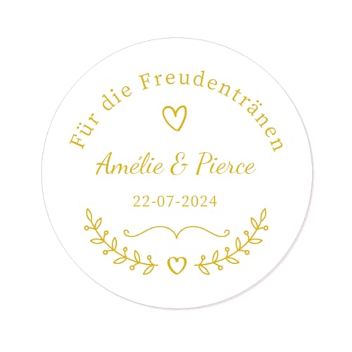 50 Aufkleber für die Freudentränen PERSONALISIERT Hochzeitssticker Gast-geschenk Etiketten 4cm Runde Goldenes Thema Papieraufkleber - Rd 667 (003) von eKunSTreet