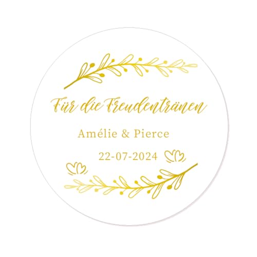 50 Aufkleber für die Freudentränen PERSONALISIERT Hochzeitssticker Gast-geschenk Etiketten 4cm Runde Goldenes Thema Papieraufkleber - Rd 667 (004) von eKunSTreet