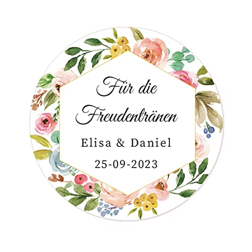 50 'Für die Freudentränen' PERSONALISIERT Aufkleber 40mm Runde Gewebe Etiketten Hochzeitssticker Goldener Rahmen und Blumen für Hochzeit,Taufe,Gastgeschenk,Tischdeko,Taschentücher - Rd 033 (003) von eKunSTreet