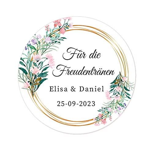 50 'Für die Freudentränen' PERSONALISIERT Aufkleber 40mm Runde Gewebe Etiketten Hochzeitssticker Goldener Rahmen und Blumen für Hochzeit,Taufe,Gastgeschenk,Tischdeko,Taschentücher - Rd 033 (004) von eKunSTreet