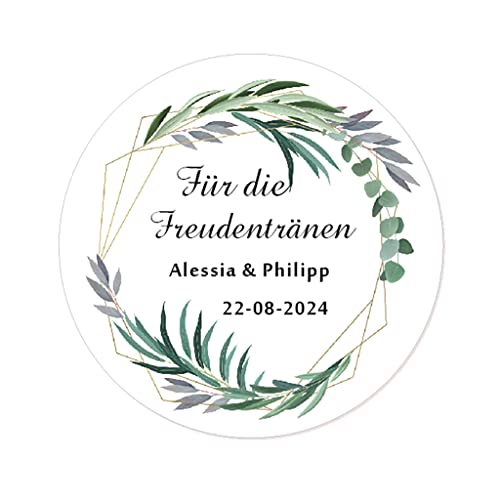 50 Für die Freudentränen Sticker PERSONALISIERT Gastgeschenke Aufkleber 40mm zur Hochzeit Taufe Geburtstag Taschentücher/Gewebe Etiketten - Eukalyptus und Goldrand - Rd 095 (003) von eKunSTreet