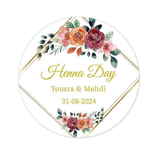 50 Henna Day Sticker PERSONALISIERT Hochzeit Aufkleber Mehndi Hochzeitsaufkleber Etiketten 40mm Rund für Gastgeschenke - Rd013 (002) von eKunSTreet