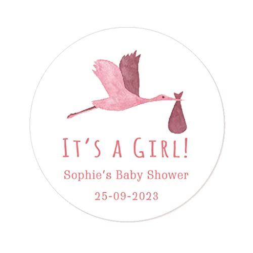 50 It's a Girl PERSONALISIERT Girls BABY SHOWER Aufkleber Gender Reveal Babyparty Etiketten Baby Girl Announcement Aufkleber für Gastgeschenk Tüten Briefen - Rd 362 (001 Storch) von eKunSTreet