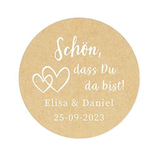 50 PERSONALISIERT 40mm Doppelherz Aufkleber - Schön, dass du da bist! Papieraufkleber Hochzeit Gastgeschenke Etiketten für Tischdeko,Tüten, Briefen, Einladungen - Rd 016 (003) von eKunSTreet